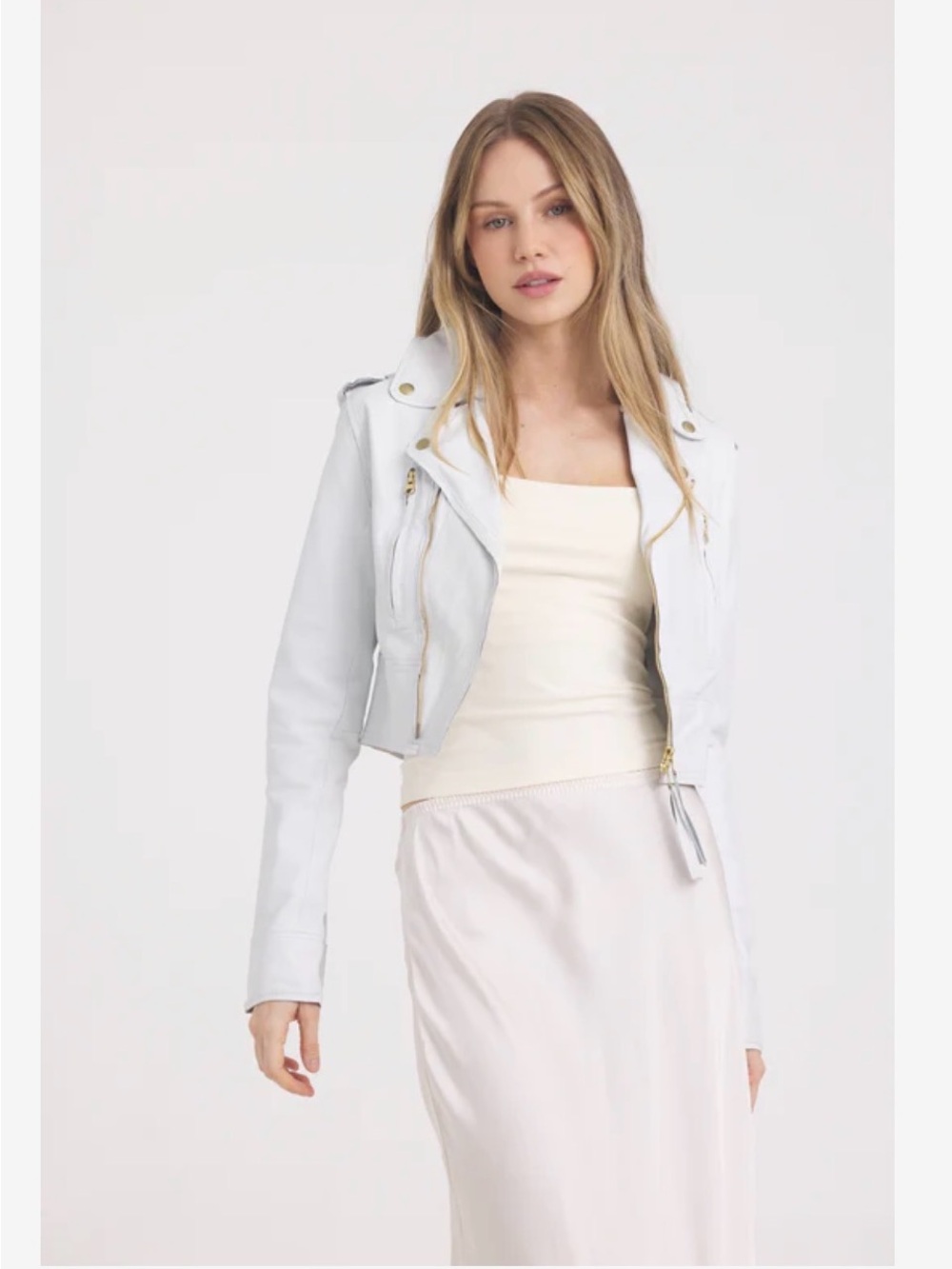 JKY NYC White Cropped lightweight Leather Moto Jacket with Gold Hardware